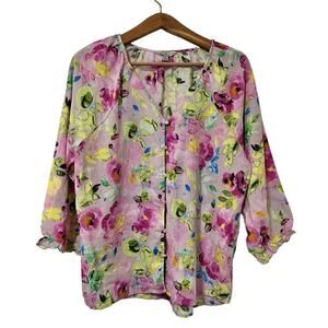 Master‎ & Orchard 3/4 Sleeve Linen Floral Top Size XL Pink Spring Bloomcore